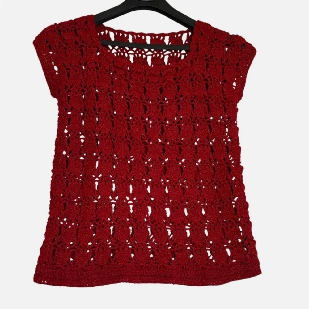 Red Crochet Lace Top VTG Handmade Sweater Vest M Parisian Vintage Artisan Boho